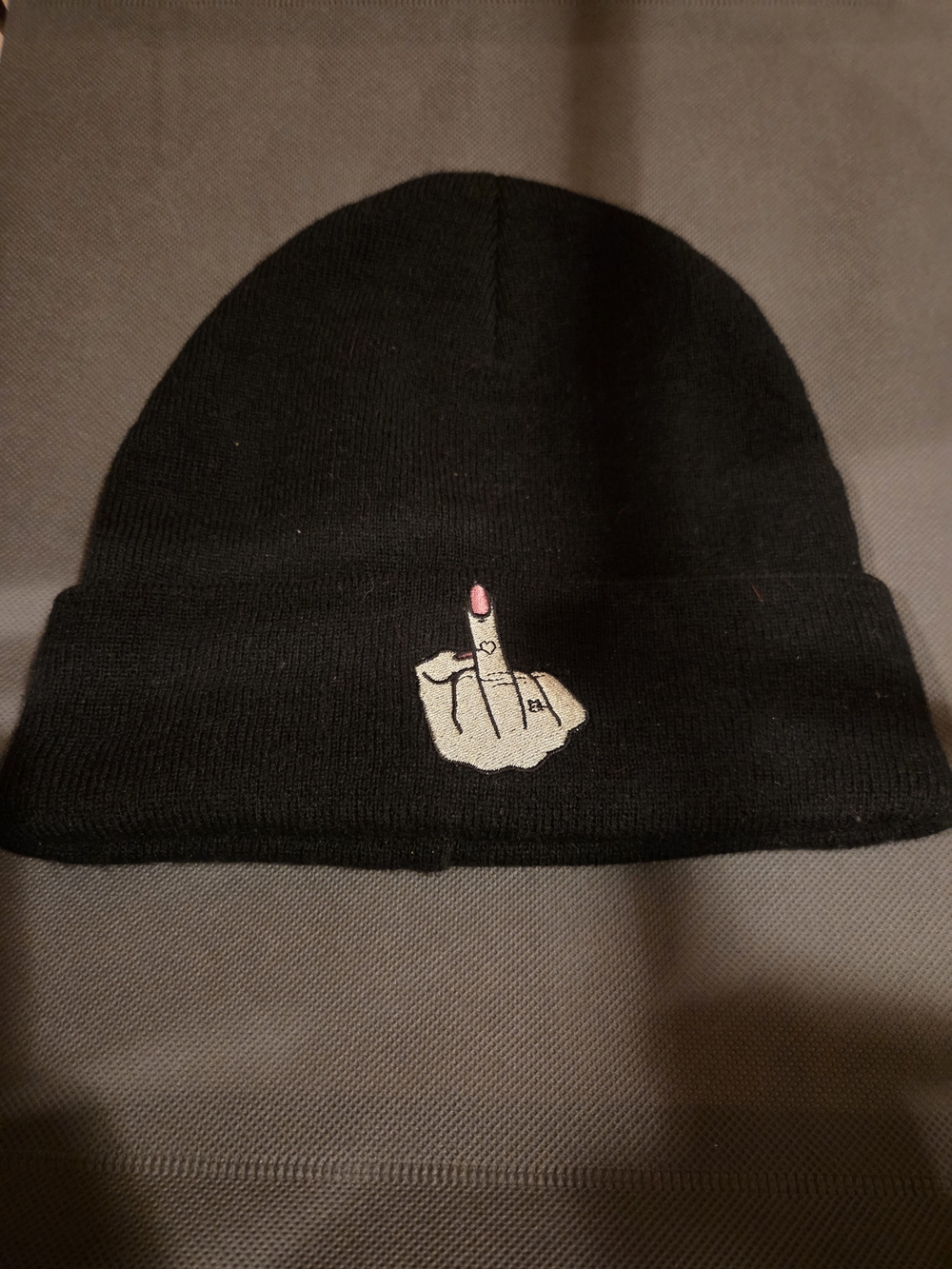Black Beanie Hat with Embroidered Middle Finger Design